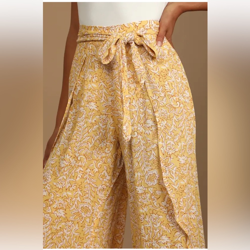 Billabong Capri Skies Yellow Floral Tie-Waist Split Tulip Leg Pants Boho Beach - Picture 4 of 16